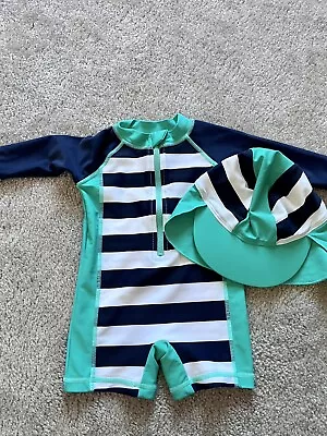 Baby Boy Infant Rashgaurd Swimsuit And Hat Set 3/6 Months White Blue Green  EUC • $6.50