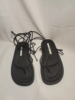 Zara Flip Flop Lace Up Flat Sandal Black Nylon Womens Size 38/7.5 • $19.99