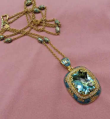 Lauren Adams LGA Necklace Aqua Blue Faceted Crystal Pendant Enamel Morrocan 786c • $89.99