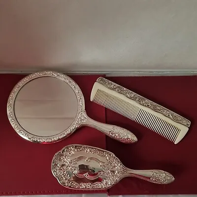 £16.50 • Buy Silver Plated Dressing Table Set 3 Pieces Embossed Design Mirror Brush Comb