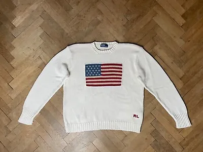 Vintage Polo Ralph Lauren Cream USA American Flag Cotton Sweater Pullover  XXL • $169