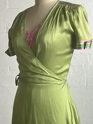 LIZA EMANUELE CHARTREUSE SILK  Wrap Around Style With Pink Vintage Slip ￼ Sz10 • $69