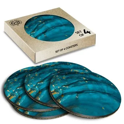 £7.99 • Buy 4 X Boxed Round Coasters - Blue Teal Turquoise Ink Art  #2094