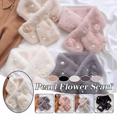 Women Warm Pearl Flowers Faux Rabbit Fur Collar Cross Plush Scarf Winter Outdoor • $12.60