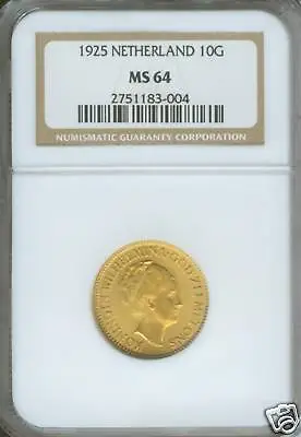 1925 Netherland 10 Gulden Guilder Gold Ngc Ms64 Ms-64 ! • $549