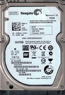 ST500LX003 P/N: 1AC15G-030 F/W: DEM3 WU W20 500GB Seagate Momentus XT • $89