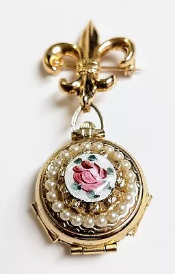 Coro Fleur De Lis Brooch Floral Guilloche Enamel With Folding Locket Vintage Pin • $49.99