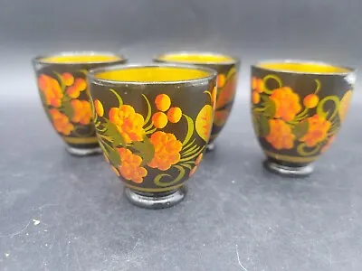 Vintage Set 4 Russian Wood Cups Hand Painted Flowers Floral Gold Gilt Inside • $15