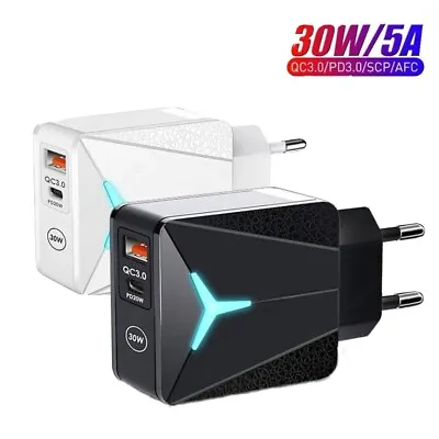 EU 2 Pin 30W Fast Charger Plug Adapter QC 3.0 LED LIGHT For Samsung Apple IPhone • £7.99