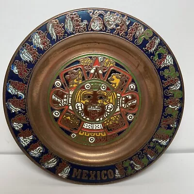 Vintage Mayan Aztec Calendar Plate Pressed Copper Enamel Wall Hanging Art 4” • $14.99