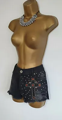 £14.99 • Buy Topshop BNWOT Black Distressed Embellished Cross Sexy Denim Shorts UK 12