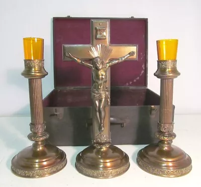 Vintage Funeral Trinity Crucifix Candlestick Votive Candle Glass Ornate Set Case • $210