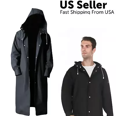 Men Black Waterproof Long Raincoat Rain Coat Hooded Trench Jacket Outdoor Hiking • $19.85