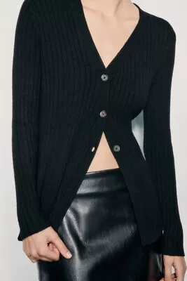 Zara Black Wool Blend Ribbed Knit Cardigan Diagonal Fastening Size S Uk 8-10 • £19.99