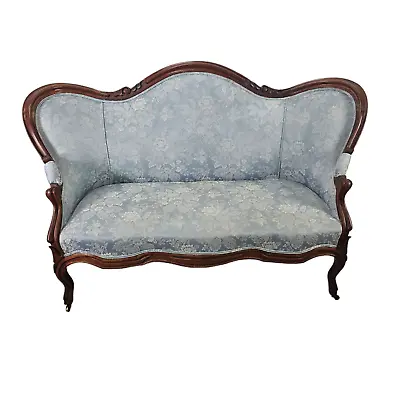 Antique French Settee Blue Damask Floral Patterns Wood Furniture Late 19th C. • $1400