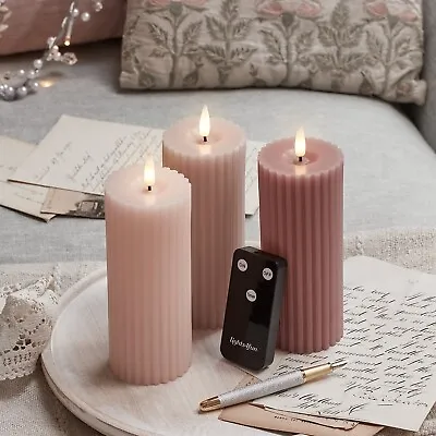 Lights4fun 3 Fluted Blush Pink TruGlow® Battery LED Slim Pillar Candles • £15.99