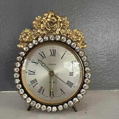 Vintage French Endura Gold Roses Clear Gems Jewel Rhinestone Jeweled Alarm Clock • $80