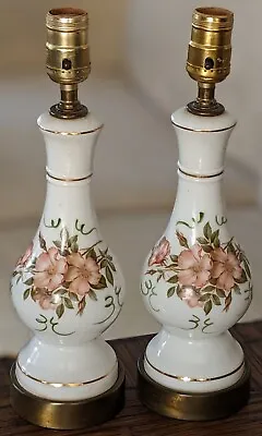 Vintage Pair Lamps Floral White Milk Glass Goldleaf Hand Painted  Brass Table • $37.55