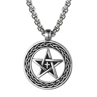 Men's Wiccan Magic Pentacle Pentagram Star Pendant Necklace Stainless Steel • $10.99