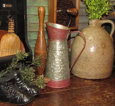 Primitive Antique Vtg Style Farmhouse Red Galvanized Pitcher Vase Watering Tin • $22.90