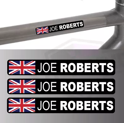 3 X Bike Name Frame Stickers Vinyl Decal Cycle Helmet Personalised - Any Flag • £3.99