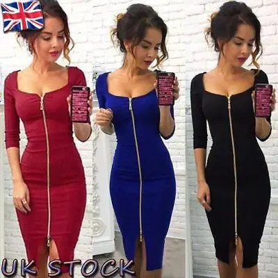 Sexy Women Front Zip Up Bodycon Dress Ladies 3/4 Sleeve Party Stretch Midi Dress • £11.19