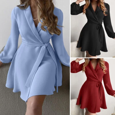 £12.99 • Buy New Women OL Office Work V Neck Mini Dress Floral Wrapped Long Sleeve Dresses