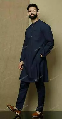 Mens Kurta Blue Navy Color Traditional Shirts Top Shirt Mens Clothes Cotton Kurt • £18.52