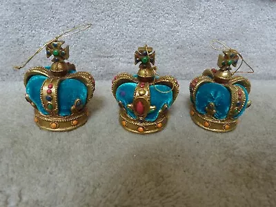 3 King Or Queen Crown Mardi Gras Christmas 3D Ornaments Gold Teal Velvet 3.25  • $23.24