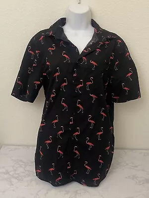 H&M Sz M Pink Flamingo Button Down Short Sleeve Black Shirt Collared H1 • $17.10