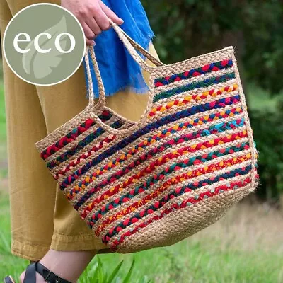 POM925 Natural Jute Bag Multicoloured Plaited Stripes Beach Holiday Basket New • £44.99