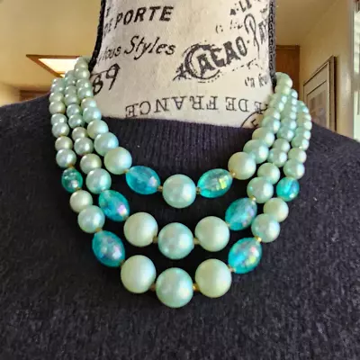 Vintage 1950s Pastel Blue Three Strand Bead Earring Necklace Set • $38