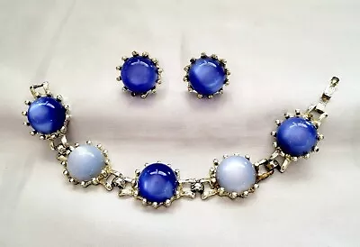 Vintage Silver Tone Blue White Cabochon Bracelet Earring Set • $24.99