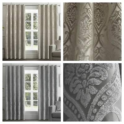 Luxury Embossed Floral Damask Eyelet Curtains OR Cushions - Silver / Natural • £87.99