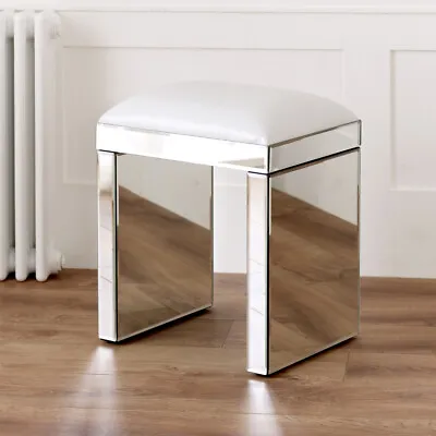 £49 • Buy Venetian Mirrored Stool With White Seat Pad - Glass Dressing Table - VEN05W