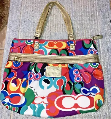 XL Coach Daisy Pop C Print Bright Graffiti Graphic Rare Signature Tote Gold READ • $75