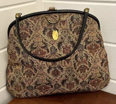 Vintage Needlepoint Tapestry Large Frame Bag With Clasp Leather Strap • $45.49