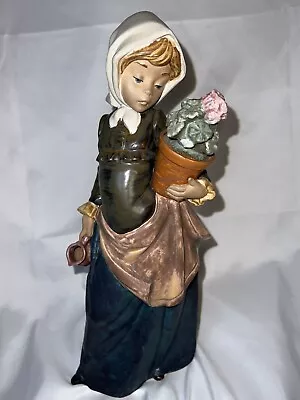 Lladro Girl With Geranium Figure Gres Finish Porcelain Numbered Rare 12.5” High • $74.99