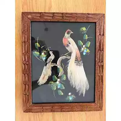 Vintage 1947 Feather Bird Painting Wood Carved Framed Folk Art  11x9.5'' • $26.99