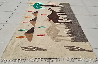 Hand Knotted Vintage Bulgaria Pictorial Wool Kilim Kilm Area Rug 3.11 X 2.7 Ft • $34.99