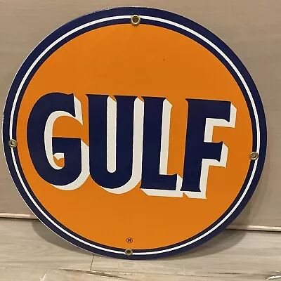 Vintage Gulf Gasoline Porcelain Ethyl Gas Service Station Logo  Sign 12” Round • $110