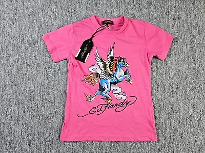 NEW ED HARDY Unicorn T-Shirt Youth Girls 8 Years Pink Short Sleeve Printed Shirt • £20.19