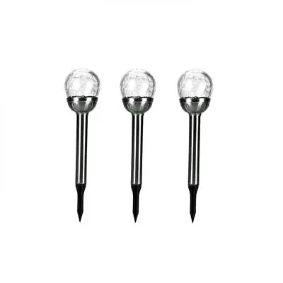 White LED Solar Crackle Ball Stainless Steel Stake Lights Outdoor Pathway 3pc • £10.99