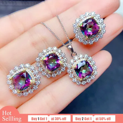 Rainbow Jewelry Set 3pcs Mystic Fire Topaz Gems Silver Pendant Earrings Rings • $11.99