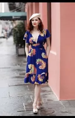 £65 • Buy Trashy Diva Showgirl Royalty Blue Dress Pinup Vintage Feather Print Xs New 1940s