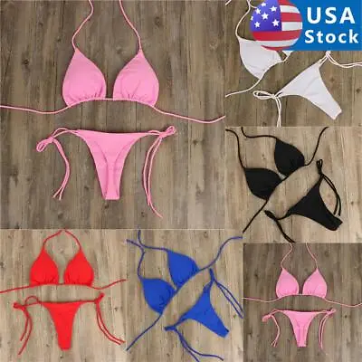 Women Sexy Thong Bikini Set Side Tie Halter Neck Swimsuit Bandage Swimwear US • $10.35