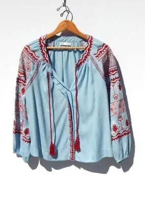 ZARA ~ Trf Collection~ Blue Embroidered Hippie Boho Top Peasant Blouse ~ XS • $38