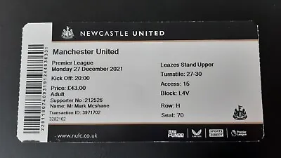 £2.60 • Buy Ticket Newcastle United - Manchester United 2021/22 Premier League Collectible Ticket
