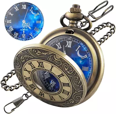 Pocket Watch Hollow Blue Star Design Roman Numerals Quartz With Chain Christmas  • $17.73