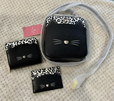 $150 • Buy BNWT Authentic Kate Spade Vanity “Meow” Bag, Compact Wallet & Card Holder Set 💝